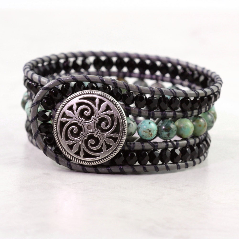 Gray Leather Cuff Bracelet Hippie Jewelry Wrap Black Blue Green African Turquoise Boho Style Made To Order Custom Bracelet Bohemian Fashion