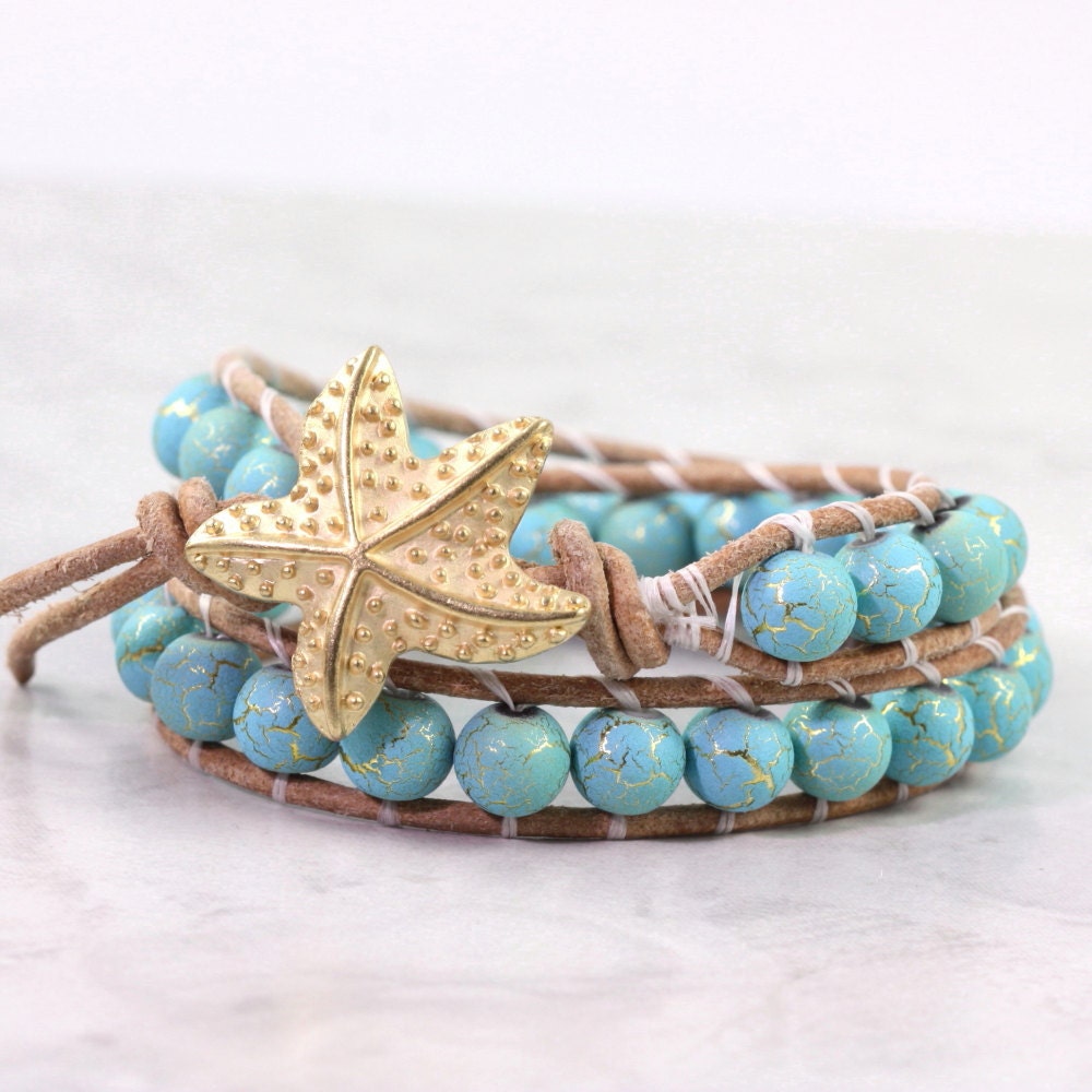 Turquoise Blue Leather Wrap Bracelet Tan Suede Aqua Gold Desert Summer Bohemian Style Double Wrap Beach Jewelry