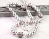 Smoke Gray Pearl Necklace Pink Dusty Rose Mauve Pastel Crystal Sterling Silver Bridal Jewelry Heart Clasp