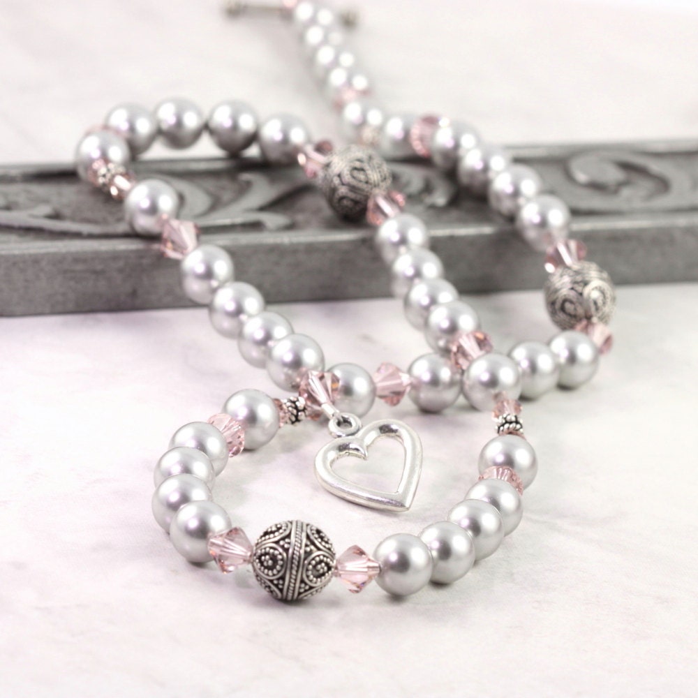 Smoke Gray Pearl Necklace Pink Dusty Rose Mauve Pastel Crystal Sterling Silver Bridal Jewelry Heart Clasp