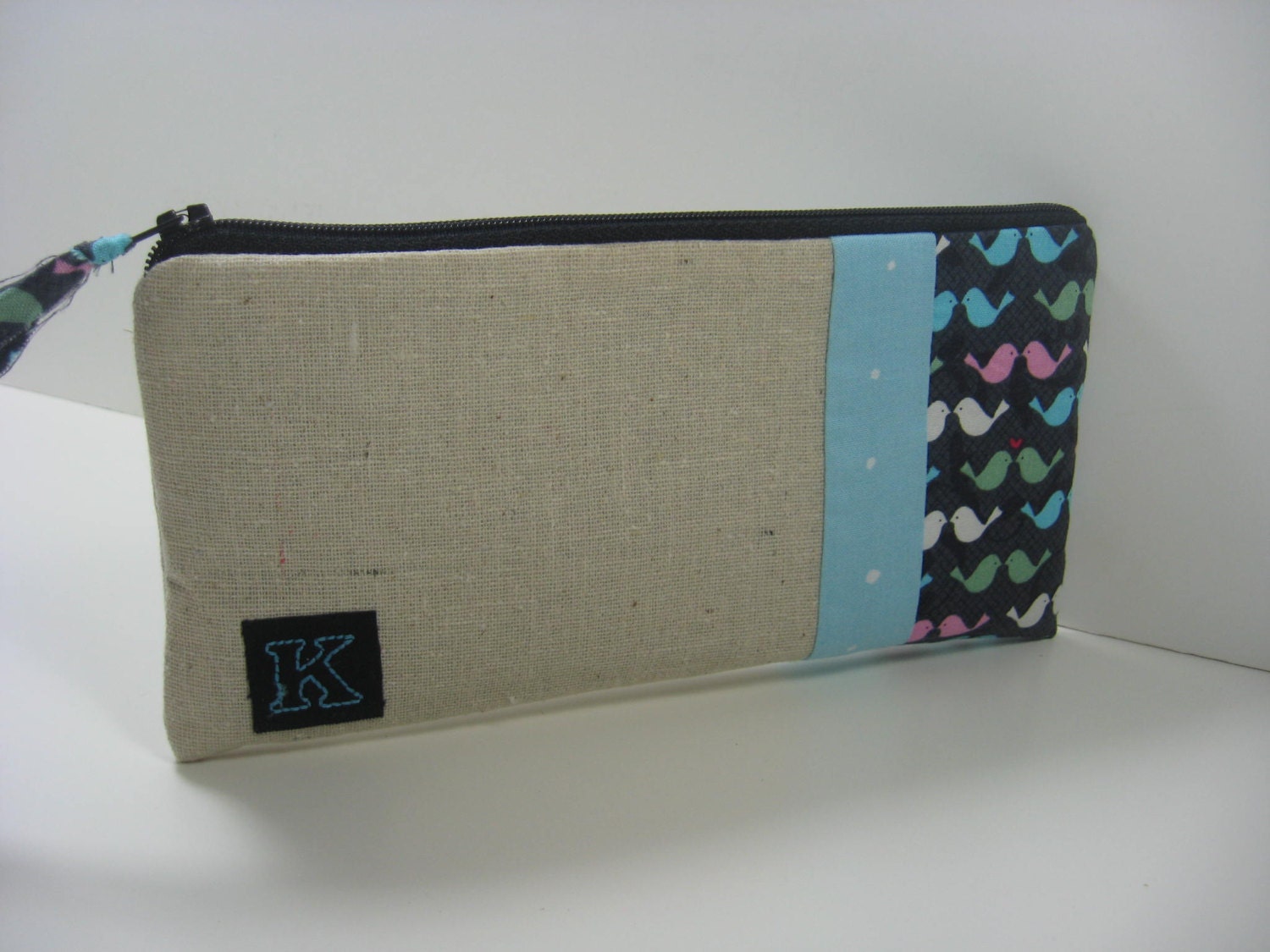 Personalized, Initialed  zipper pouch, iphone wallet, Made To Order - Tweet