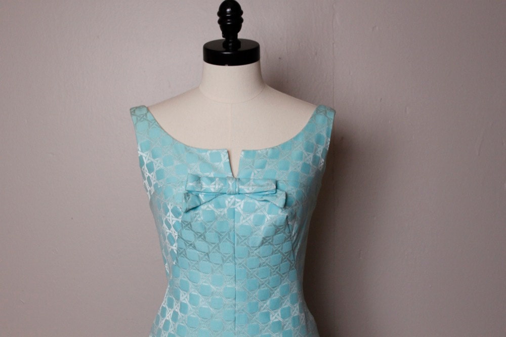 Vintage 1960's Turquoise Brocade Dress Mad Men Small