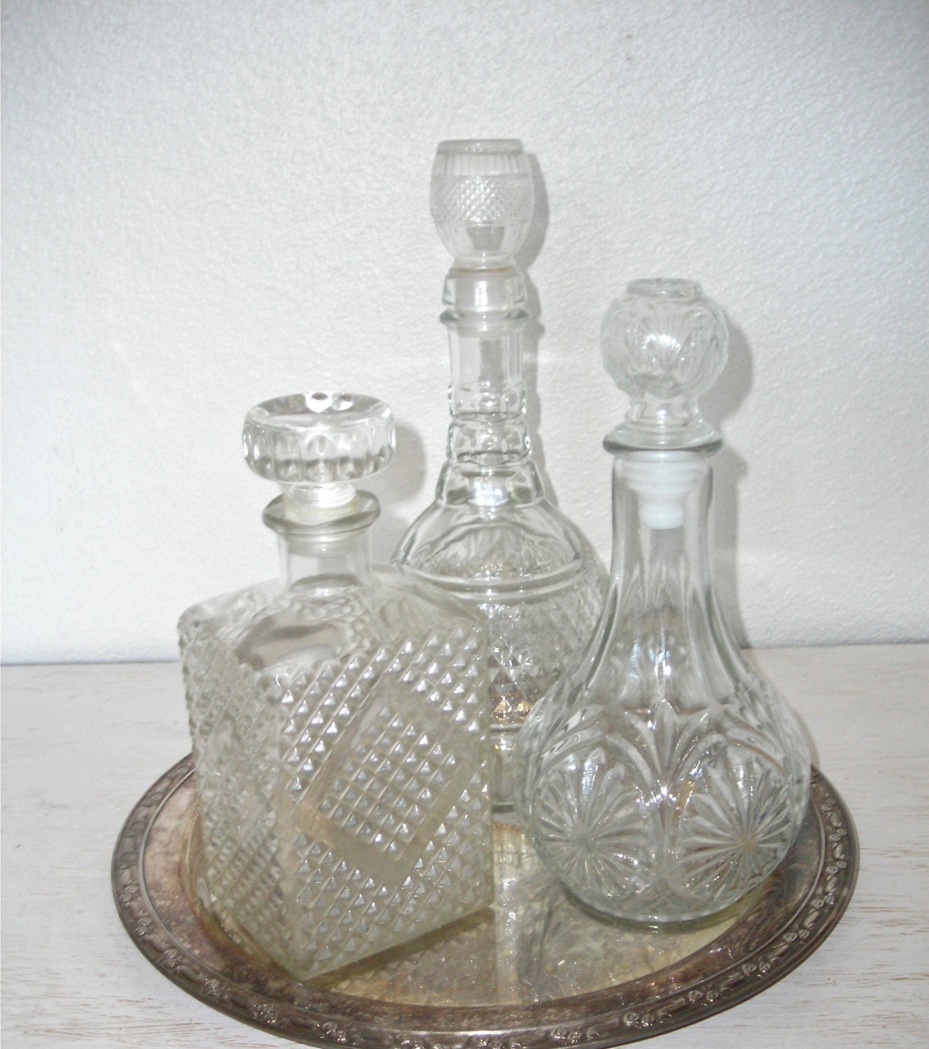decanters for your bar - set of 3 vintage mid century pressed glass - mad men shabby cottage chic - hollywood regency