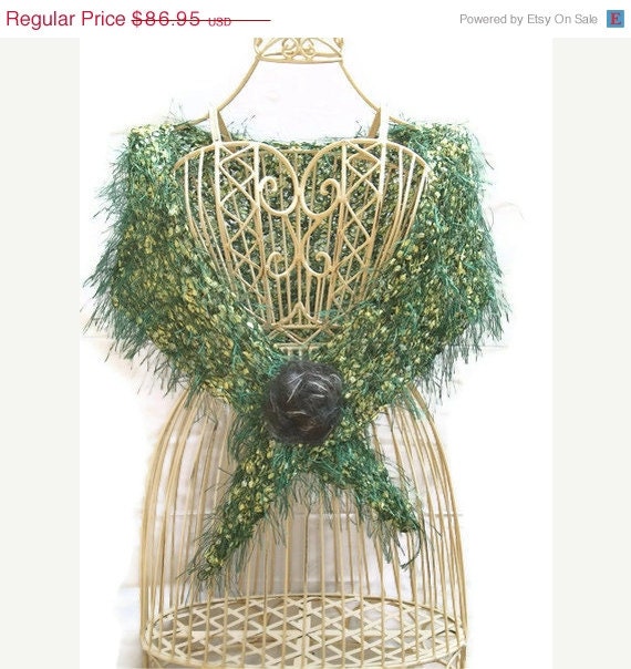 Hand Knit Shawl - OOAK Green and Gold Designer Collection - Spring and Summer Fashion Accessory -Ready to Ship