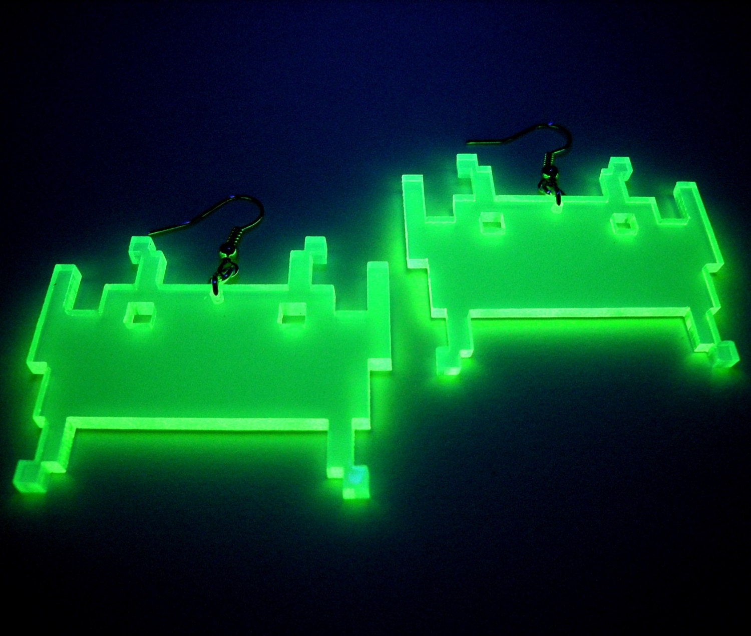 Space Invaders Retro Video Game Blacklight Glow Geek Earrings. Rave Accessory Costume Sci Fi Cosplay Jewelry
