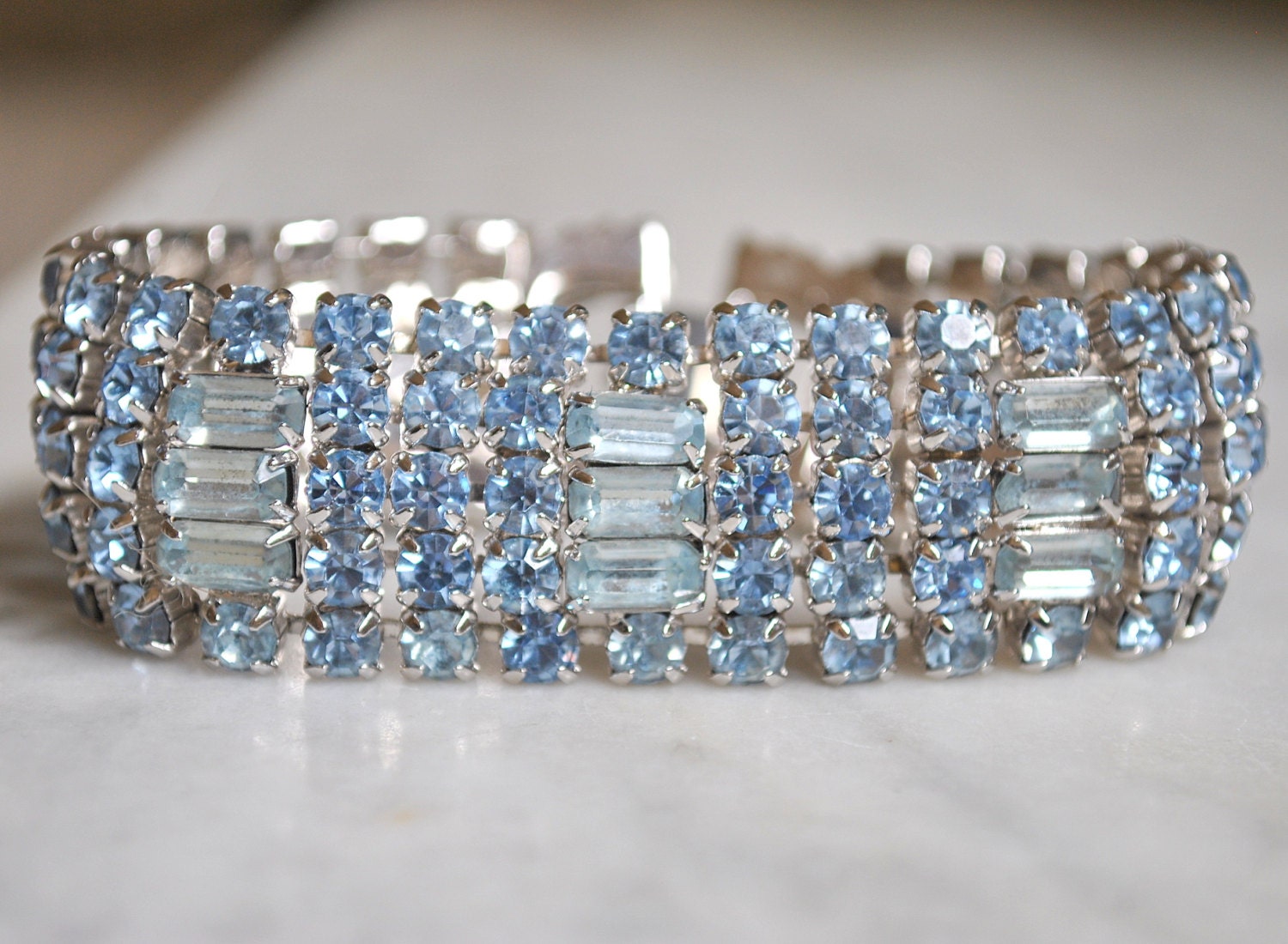 Pale Blue Wide Rhinestone Bracelet Made by Gale