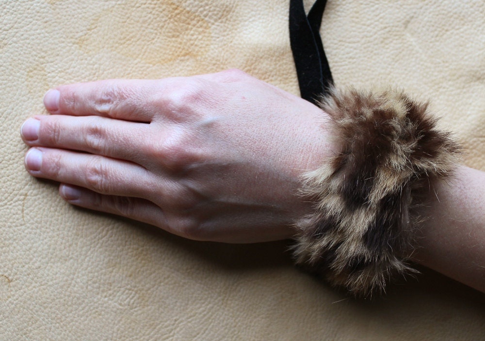 Fur bracelet - Real vintage genet cat fur bracelet or anklet with recycled leather straps for neotribal costume and festival wear