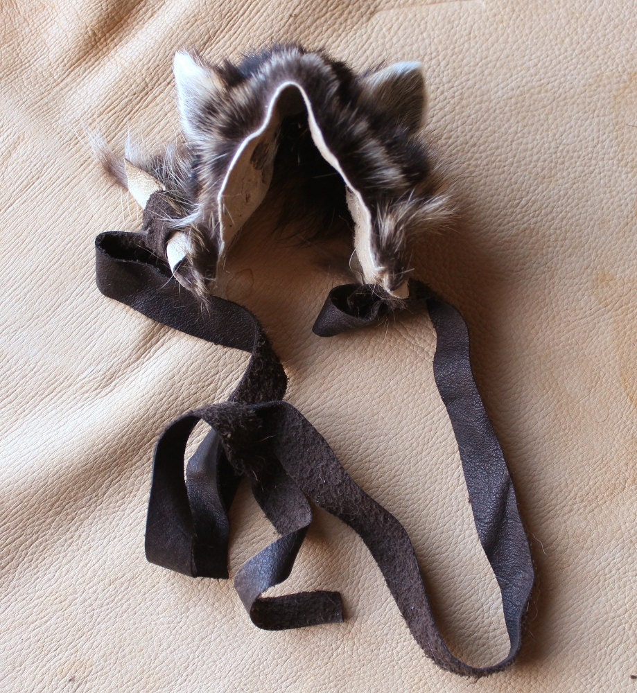 Raccoon ears headdress - real eco-friendly raccoon fur ears with leather straps for costume and totemic dance upcycled RE01