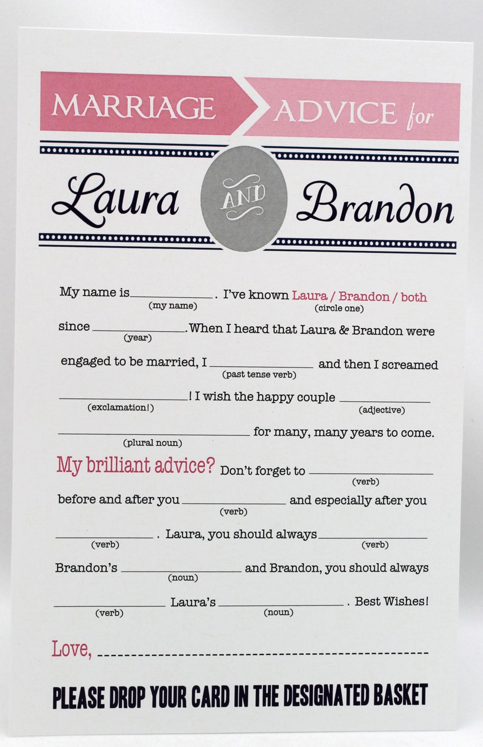 Wedding or Bridal Shower Mad Libs PDF FILE Print Yourself Colors are Customizable