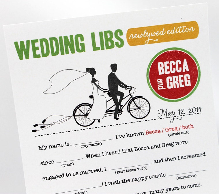 Bride & Groom on Bike Mad Libs PDF FILE Print Yourself Colors are Customizable