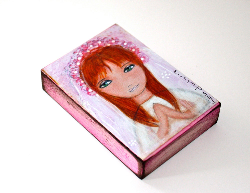 First Communion Girl 2 - ACEO Giclee print mounted on Wood (2.5 x 3.5 inches) Folk Art  by FLOR LARIOS