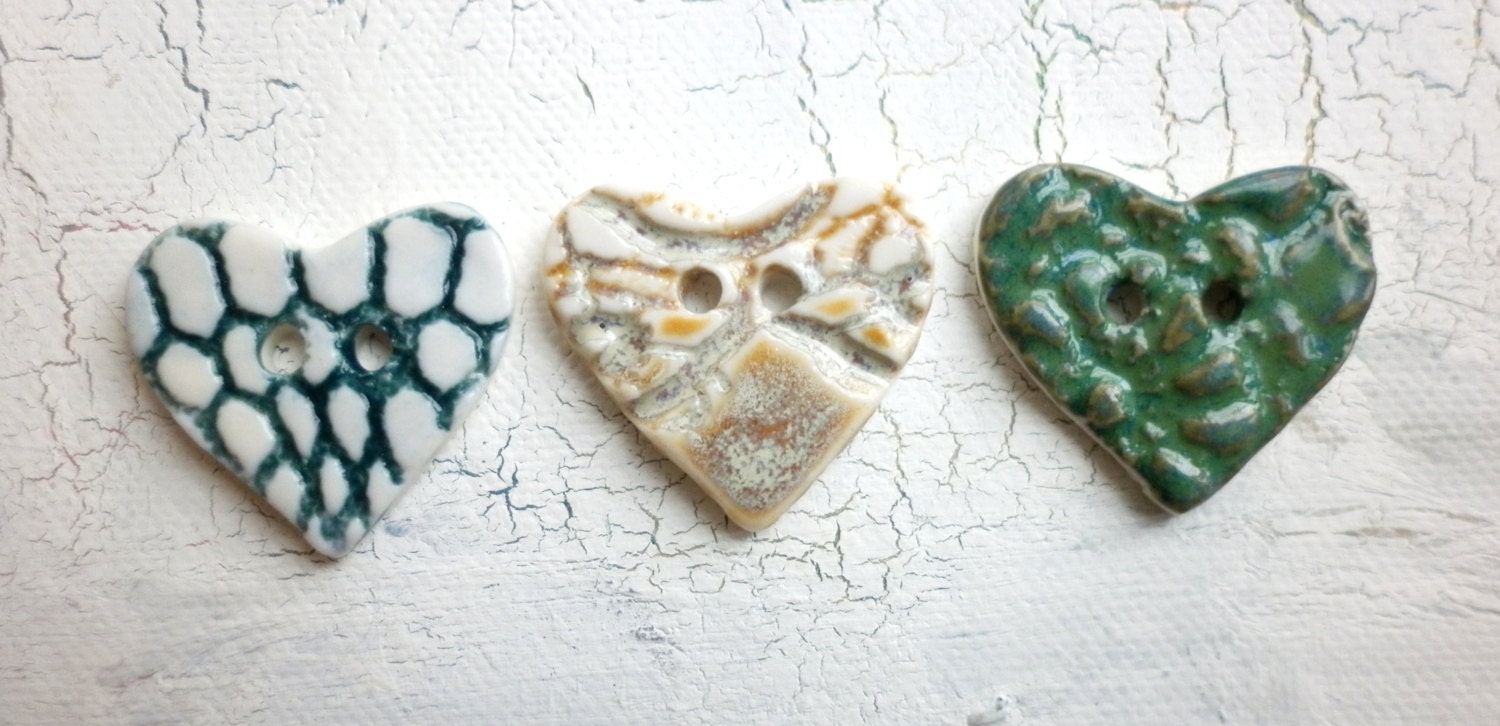 Have a heart, A set of 3 handmade ceramic sew on heart buttons
