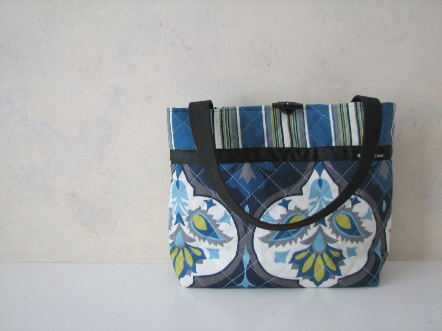 Blue Floral Quilted Purse toggle button closure