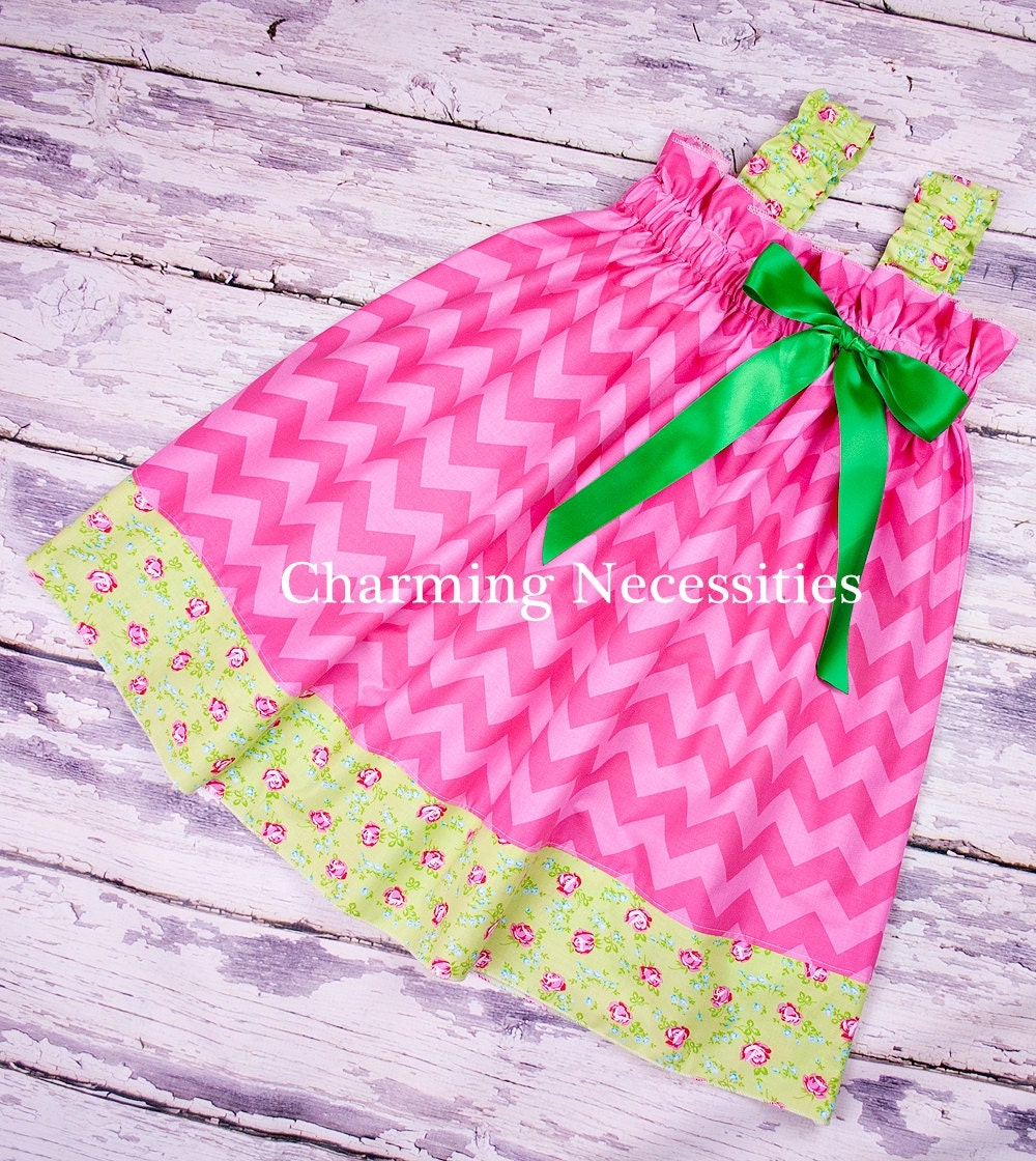 Chevron Girls Dress, Hot Pink and Lim Green Ruffled Sun dress in Sweet and Sassy