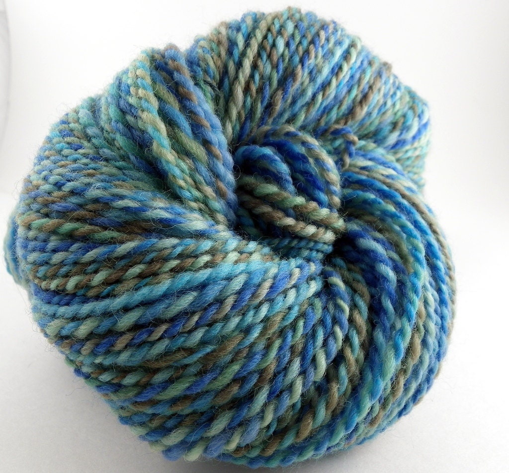 Handspun Yarn - 100% Falkland Wool - 2 Ply Yarn - Blues and Greens - Worsted/Bulky