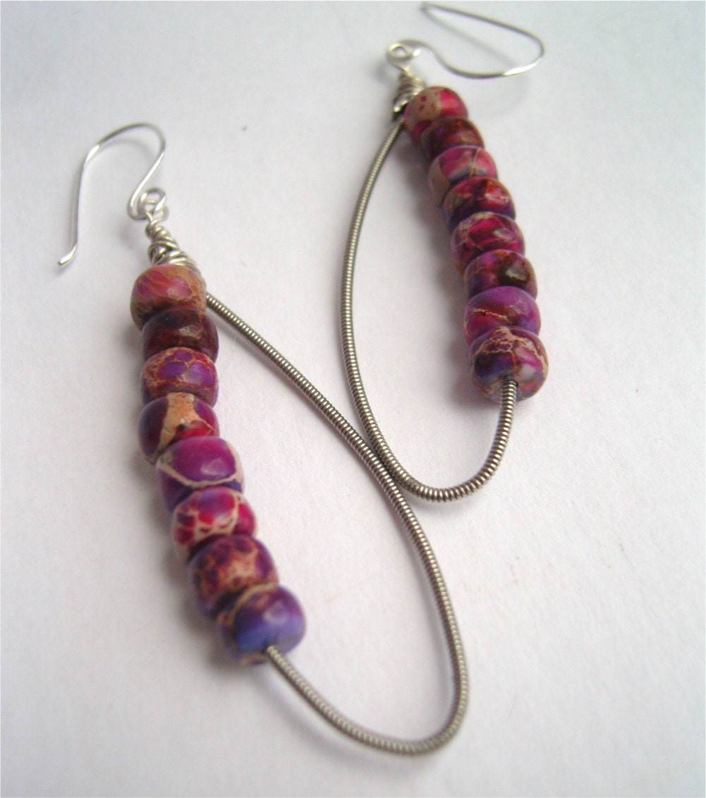 Guitar String Earrings - Upcycled Silver Guitar Strings and Serpentine Jasper