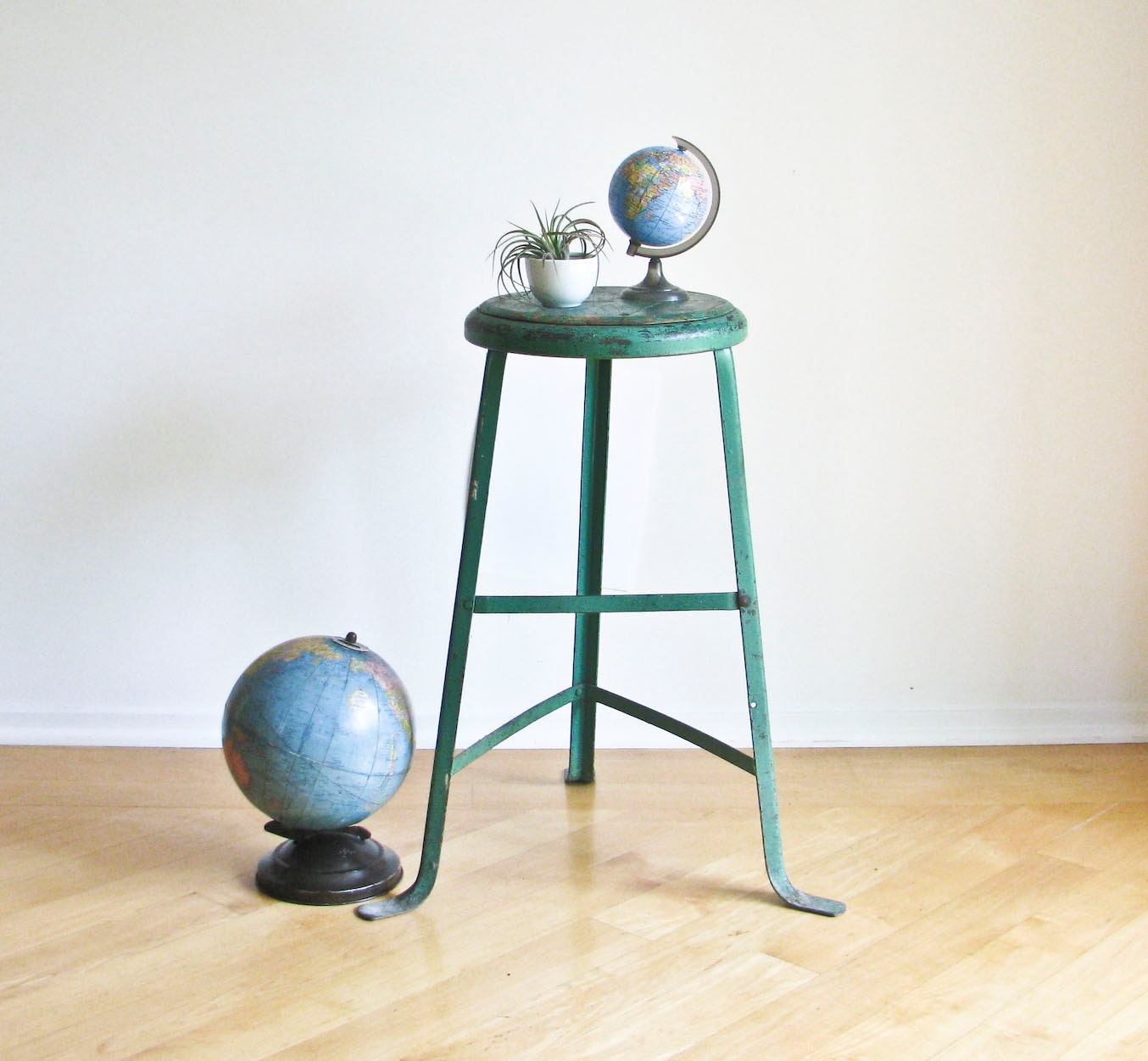 Vintage Industrial Green Stool - 3 Leg - Seat - Plant Stand - Photo Prop