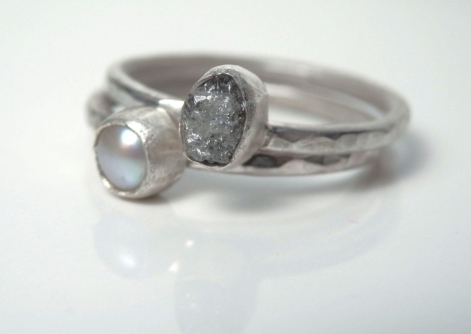 Sterling silver stacking set with grey conflict free rough diamond and pearl