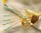 Dainty Gold Tone Pin Brooch Vintage, Light Turquoise Beads, Shipping Included