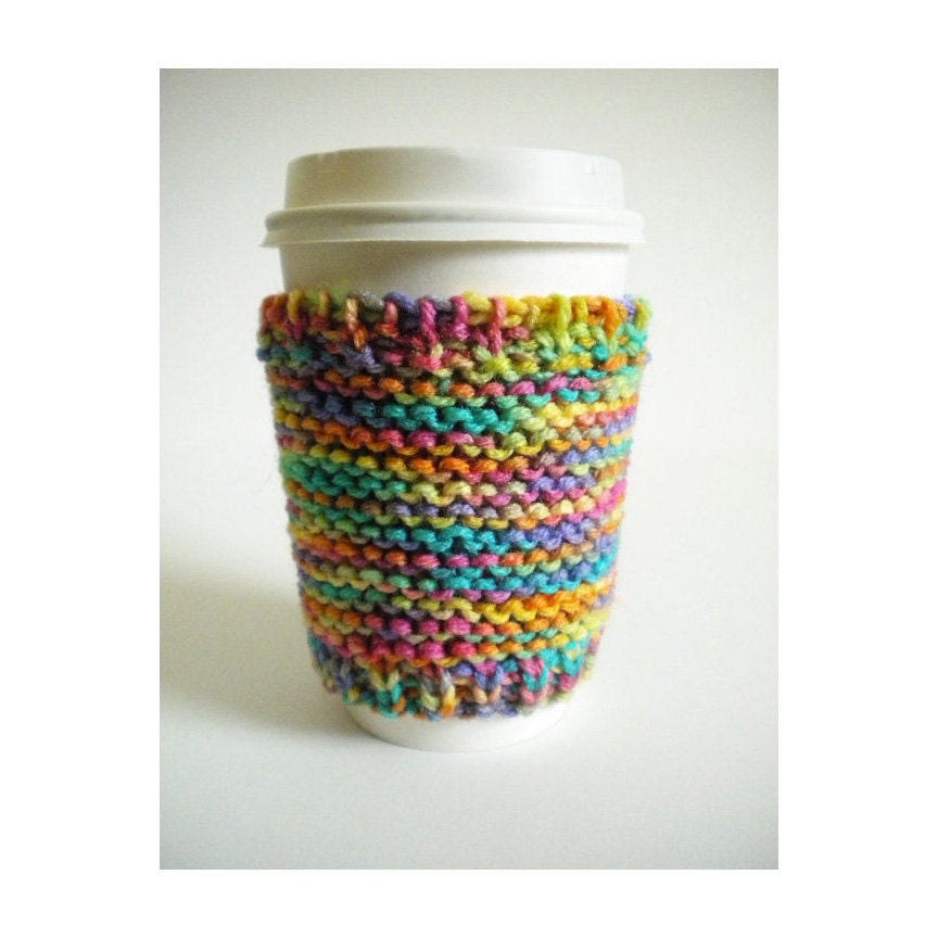 Colorful Cup Cozy - Hand Knit Rainbow Cup Sweater - Easter Spring Knitted Java Jacket - under 20 gift