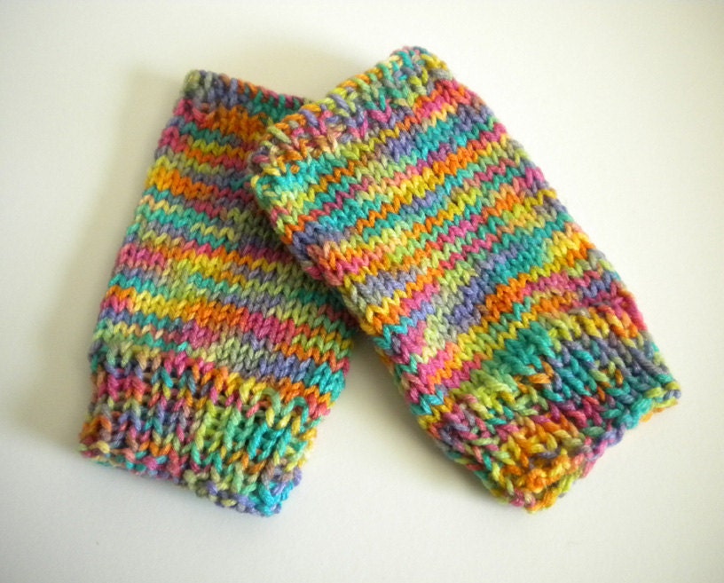 Colorful Fingerless Gloves - Hand Knit Acrylic - Easter Rainbow Colors - Knitted Hand Warmers