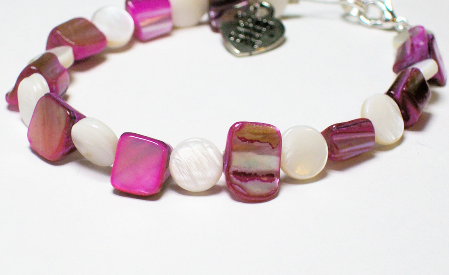 Hot Pink White Shell Silver Bracelet 7.5" Heart Charm Handmade Original