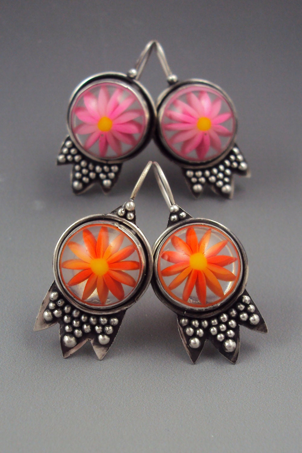 Granulated Flower Earrings with Vintage Lucite Cabochon