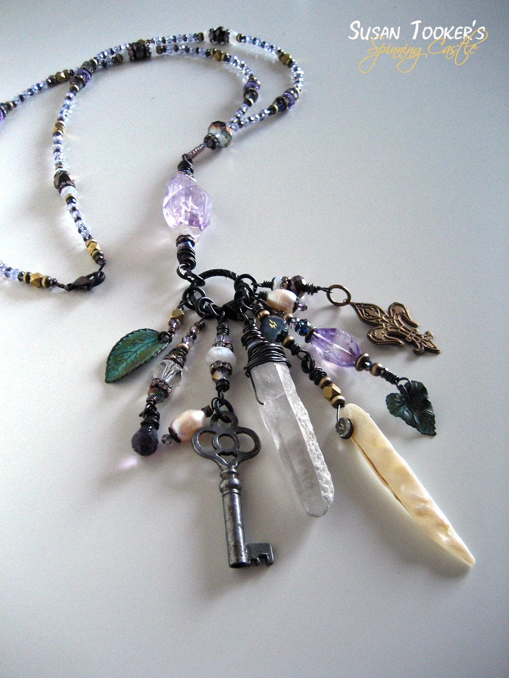 Amethyst Lariat Amulet Charm Talisman Necklace Quartz Crystal Purple Verdigris Pendant Found Object GARDEN ALCHEMY by Spinning Castle