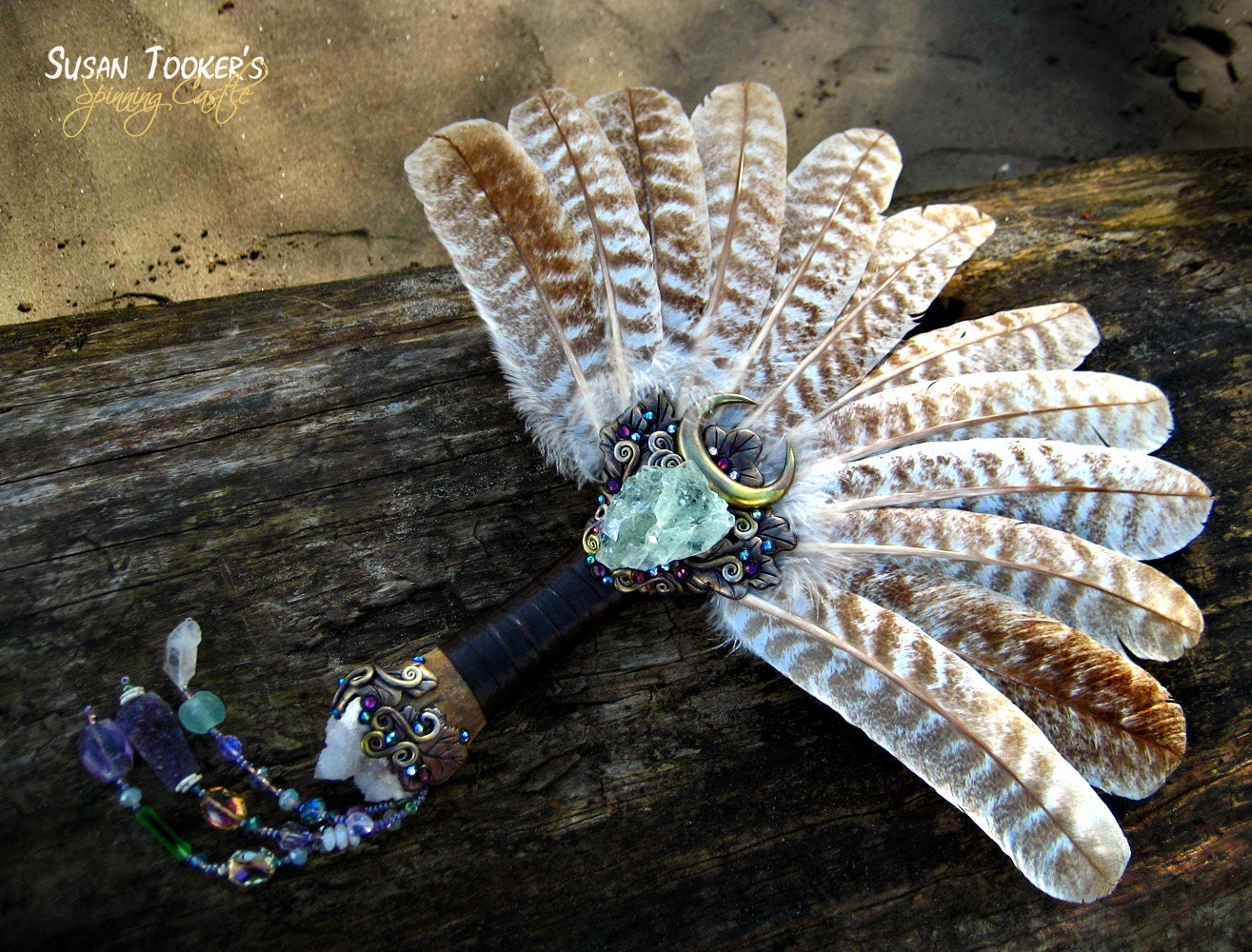 Smudge Fan Turkey Feathers Green Fluorite Spirit Quartz Amethyst Bison Buffalo Fossil Pagan Altar AVALON MYSTERY by Spinning Castle