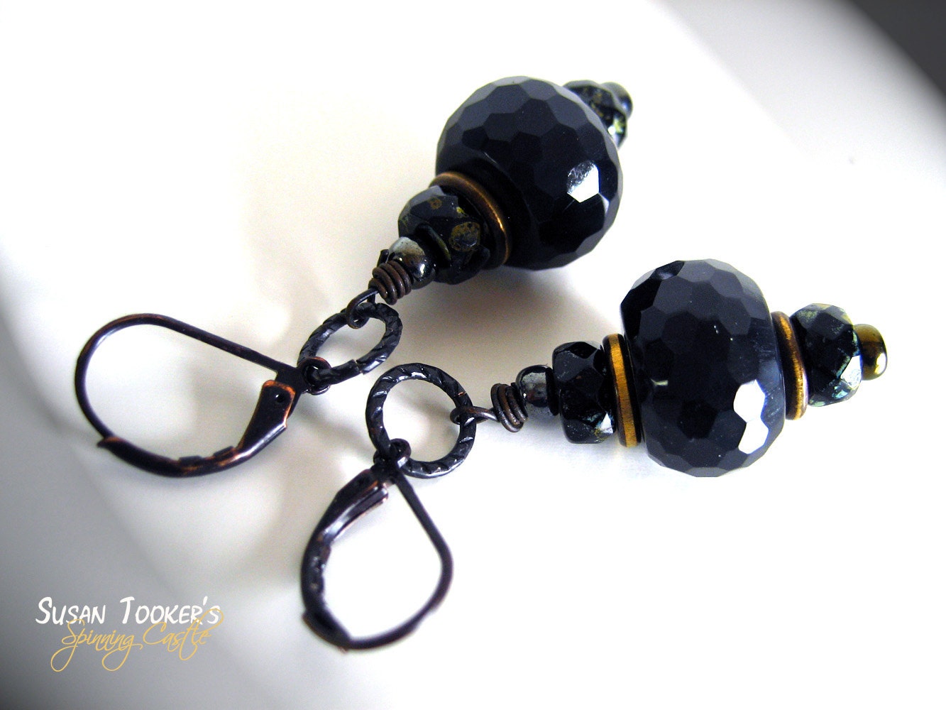 Faceted Agate Earrings Black Patina Brass Charm Dangle Beads Victorian Dark Noir Goth Boho Tribal SHAMANKA by Spinning Castle