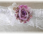 Old Fashioned Wedding Garter  SHABBY CHIC Rose  Eyelet Lace Rhinestone Button  CUSTOMIZE  Your Colors Eyelet Lace