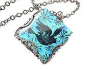 Whimsical Bird painted pendant Necklace, Hand painted Stamped image Necklace