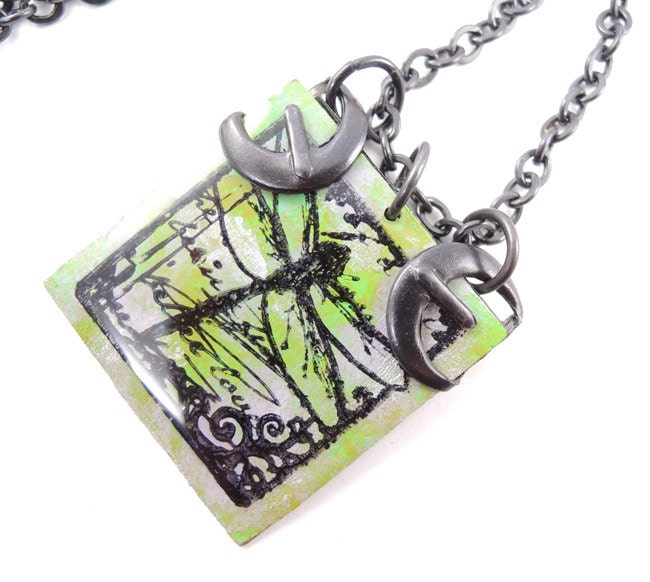 Dragonfly painted pendant Necklace, Hand painted Stamped image Necklace