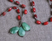 Coral and Chrysoprase Cluster crocheted lariat necklace