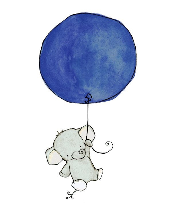 Children's Art -- Flying High Elephant Navy Blue Balloon 5x7 -- Art Print