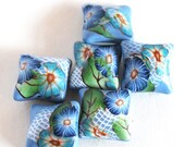 Navy Blue and Teal Blue Flowers on a Blue Pillow Bead White Accents