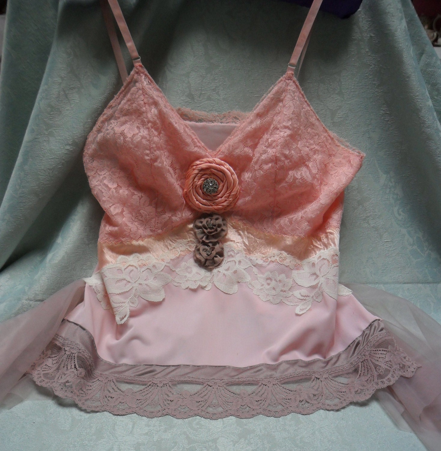 CAMI Tank Tunic Top Boho Fantasy Flowing Fairy-Like - Vintage Cami Make Over - Peach and Taupe