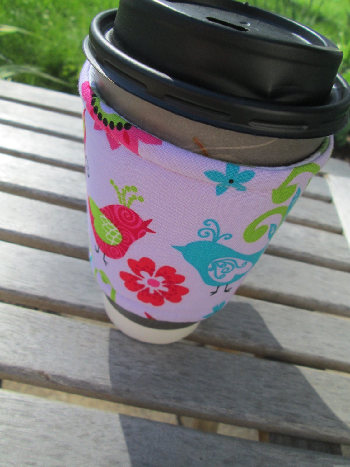 Handmade Cup or Coffee Cozy or Sleeve with Birds and Chevrons in Lilac, Pink, Turquoise, and Green