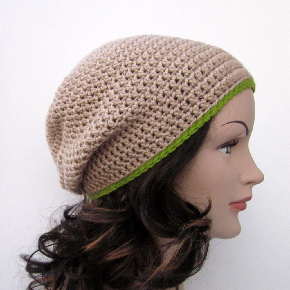 Tan Slouch Beanie - Womens Slouchy Crochet Hat with Lime Trim - Hipster Hat - Spring Fashion Accessories