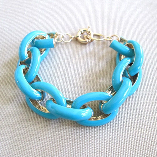 SALE - TU Chunky Link Enamel Bracelet -ENTU Arm Candy - Turquoise Gold