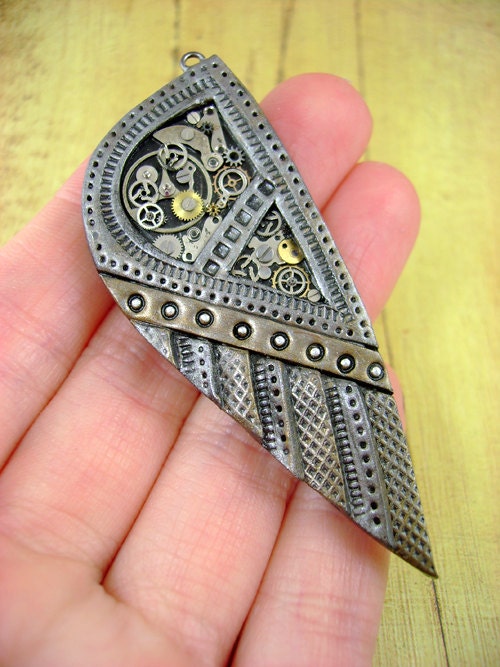Mechanical Wing with Cogs & Gears - Polymer Clay Industrial Steampunk Bird - Pendant / Necklace