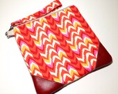 Wristlet Large Red, Pink, Orange, Yellow and White Chevron with Red Leather