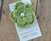 Apple Green Crochet Flower Hair Clip with Pearl Center - Crocheted flower clippies - Cute for Spring and Summer