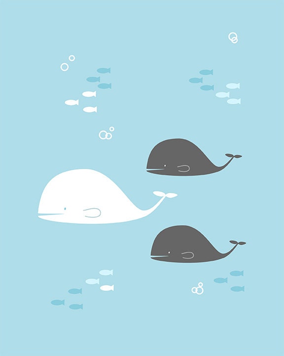 Whale and fish - nursery wall art playroom baby shower kindergarten - choose your color - digital print - 8x10 on A4