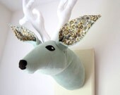 Fresh duck egg corduroy deer head trophy, flowery ears and cute antlers. Textile taxidermy. Harmless hunting. Stag.