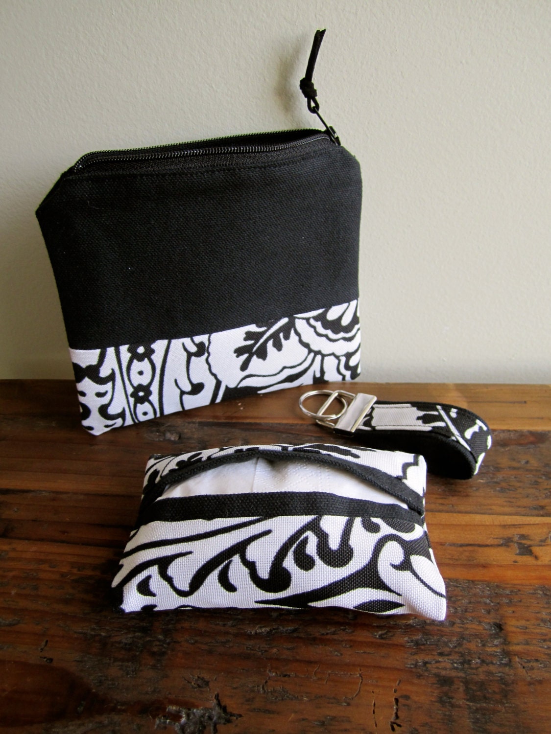 Coin Purse, Keychain, Tissue Case: Organize Your Purse Kit in Classic Black & White.