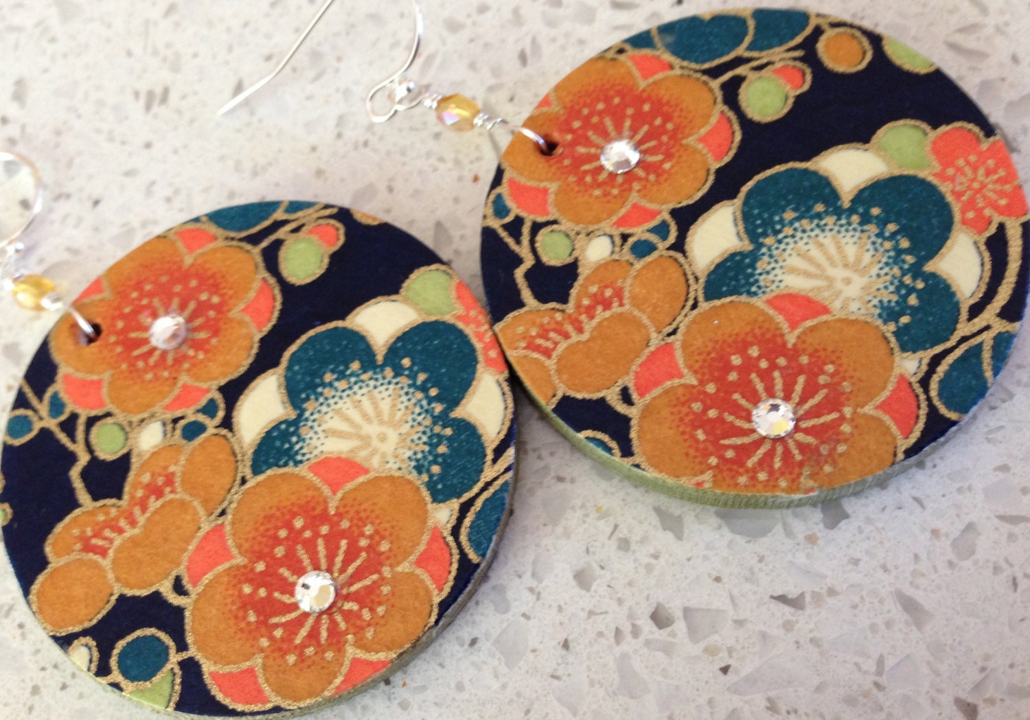 Vintage Plum Blossom Decoupage Earrings - Dark Blue