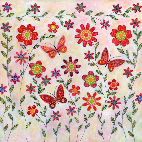 Red Flower and Butterflies Painting Art Print on Wood, Abstract Painting, Modern House Decor