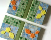 Mosaic Flowers Wall Art, Flower Garden Mosaic Art, 4 pc Mosaic Contemporary Wall Art, Mosaic Wall Hangings, Green Yellow Orange Mosaic Art