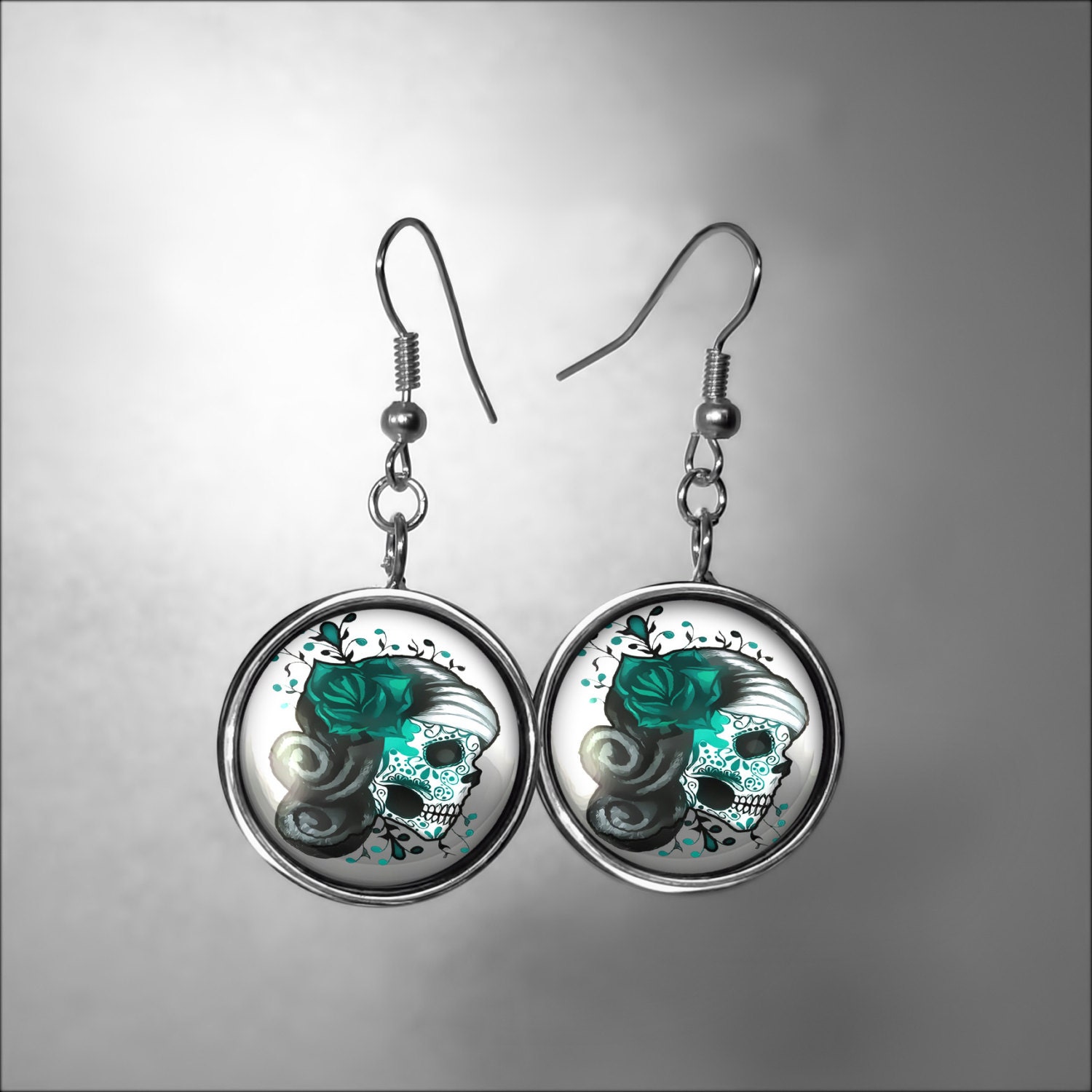Teal Day of the Dead Muertos Girl Skull Horror Halloween Silver Earrings 438-2-ERS